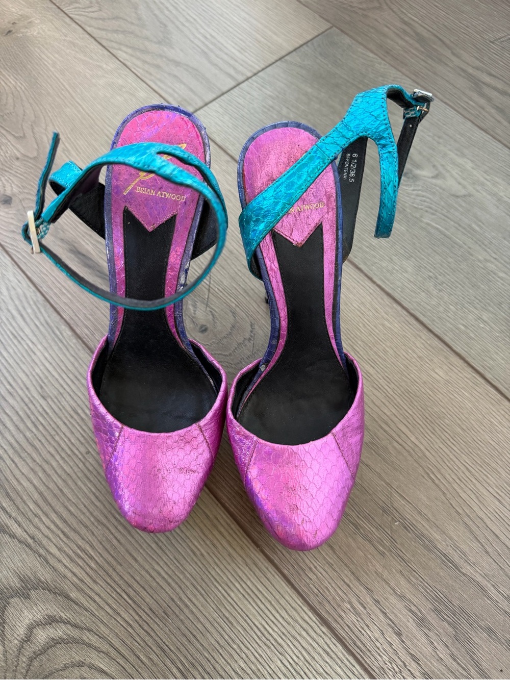 Brian Atwood Metallic Pink Pointed-Toe Heels with Teal Ankle Straps